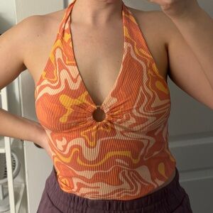 Orange Wavy Keyhole Halter Top